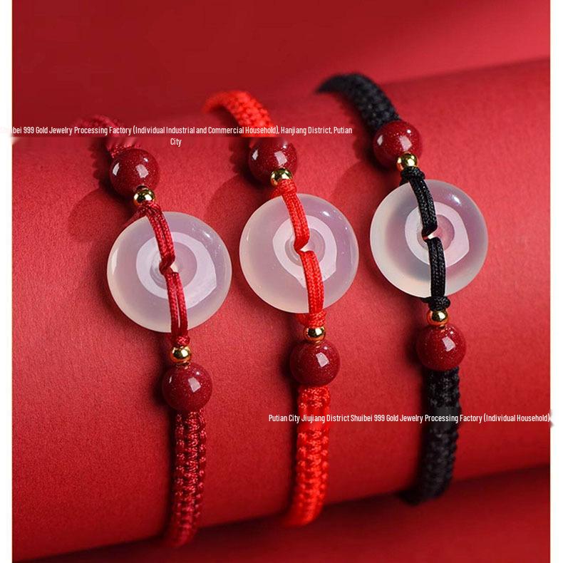 Chalcedony Ping an Kou 999 Gold Beaded Red String Bracelet for Women - Woven Design Gift Single Bracelet
