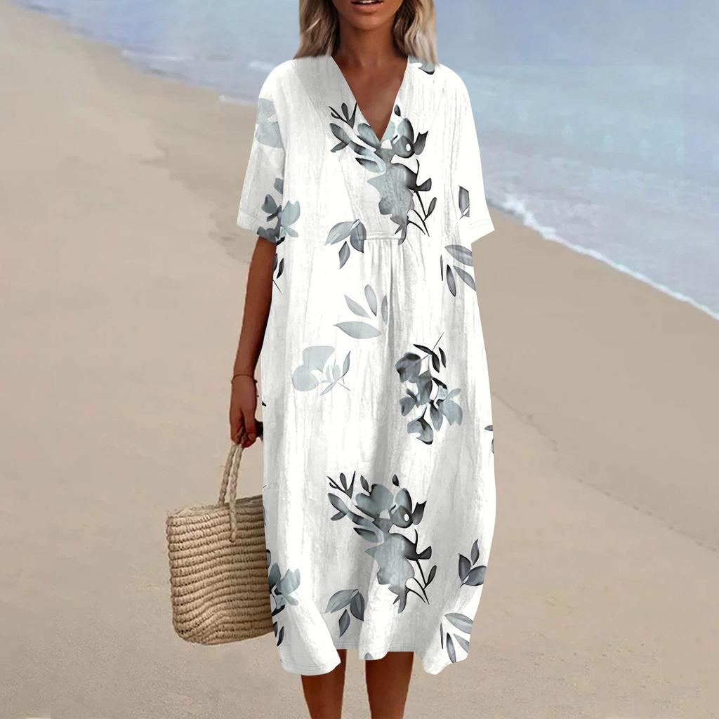 Women's Loose Casual Fashion V-Neck Printed Dress Beach Skirt