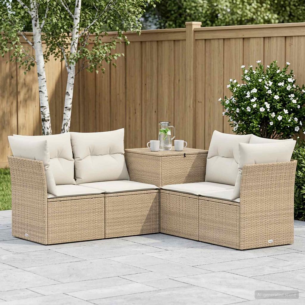 Sofa Set 5 Pcs. Beige and Cream White Poly Rattan and Steel