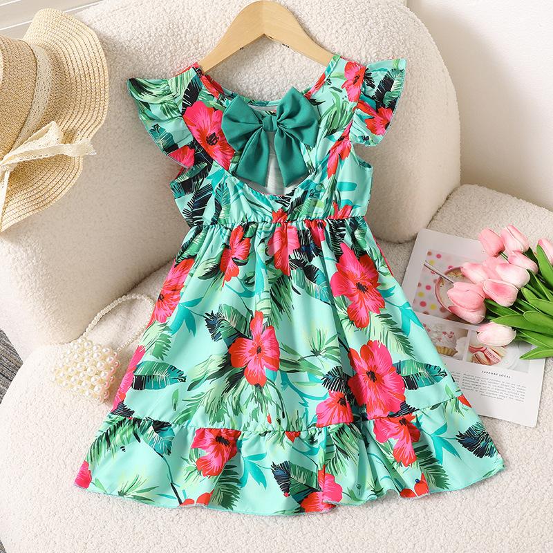 Girls' Dress Children'S Clothing New Spring-Summer Style With Flying Sleeves Cute Bow On The Back Casual Printed Dress