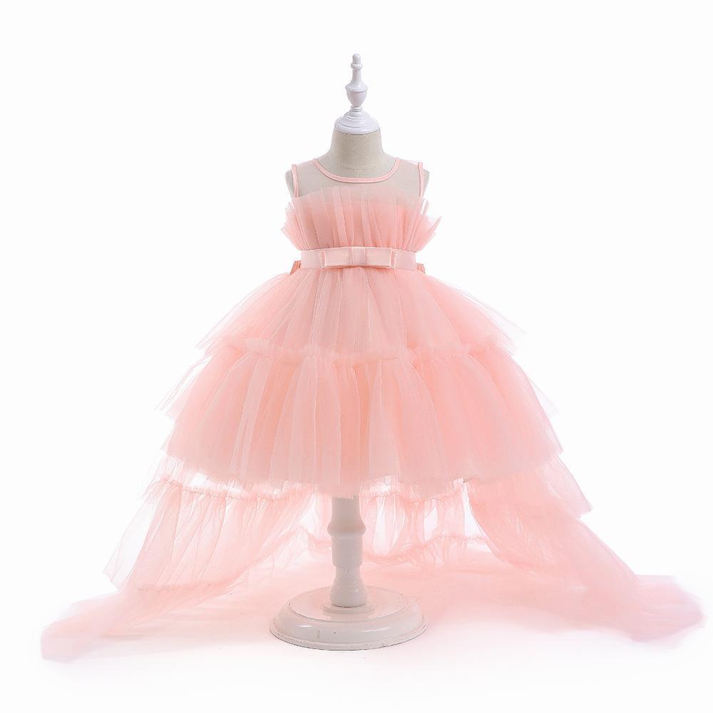 Girls' Princess Layered Puffy Train Gown for Piano Performances & Runway
