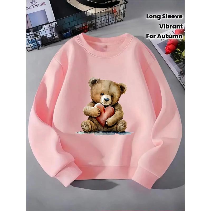Crewneck Sweatshirt for Girls Featuring a Teddy Bear with a Red Heart, Suitable for Machine Washing. Ideal for Spring And Autumn
