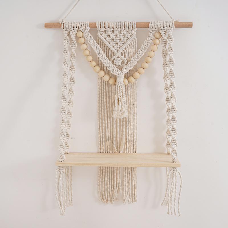 Handmade Tassel Macrame Tapestry Wall Hanging Shelf Boho Cotton Rope Woven Plant Hanger Wood Floating Shelf Wall Decoration