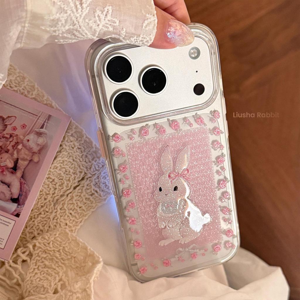 Cute Rabbit Floral Glitter Case for iPhone 17, 16 Pro, 15, 13 - Transparent Cartoon Design