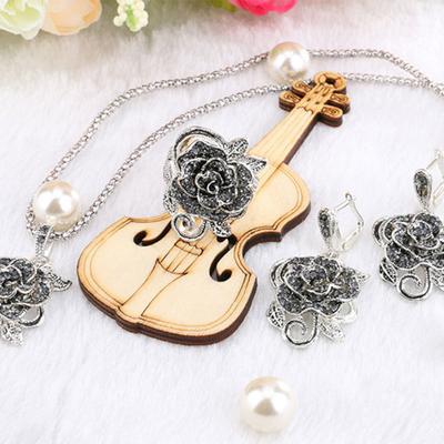 Fashion Rose Flower Pendant Necklace Earrings Finger Ring Lady Party Jewelry Set