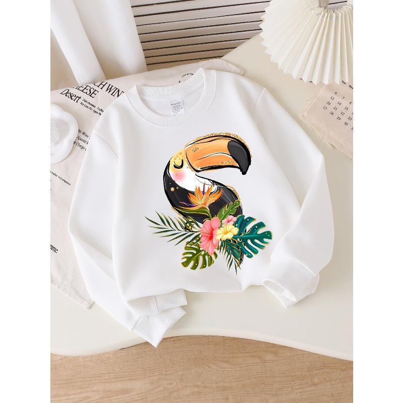 European sizes Crewneck Sweatshirt for Girls with Toucan, Tropical Flowers & Leaves, Soft Comfy Sportswear & Casual Attire