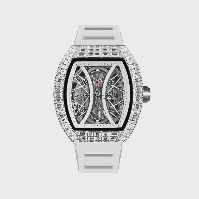 

Top Brand Men s Automatic Mechanical Watch Fashion Tonneau Case Luminous Pointer Diamond Skeleton Watch білий
