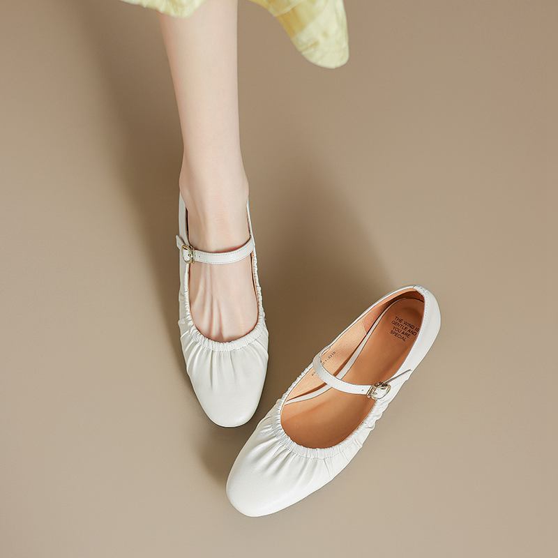 Krazing Pot Full Grain Leather Round Toe Med Heels Autumn Mary Janes Summer Shoes Women Pleated Decoration Pumps