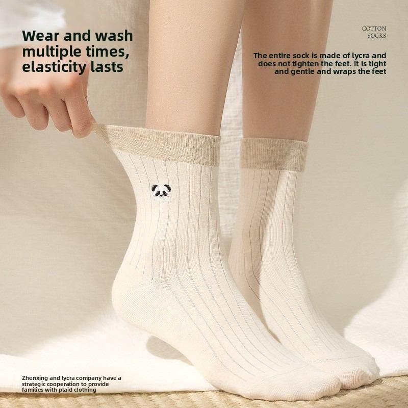 Sock Pure Cotton Mid-Calf Socks Anti-Bacterial Anti-Turning Balls Cute Embroidered Panda Autumn-Winter