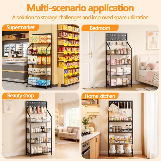 Snack Display Organizer 4/5 Tier Retail Rack Black Metal Candy Storage Shelf Cart with Wheels Wire & 15 Hooks Heavy-Duty Potato Chip Stand