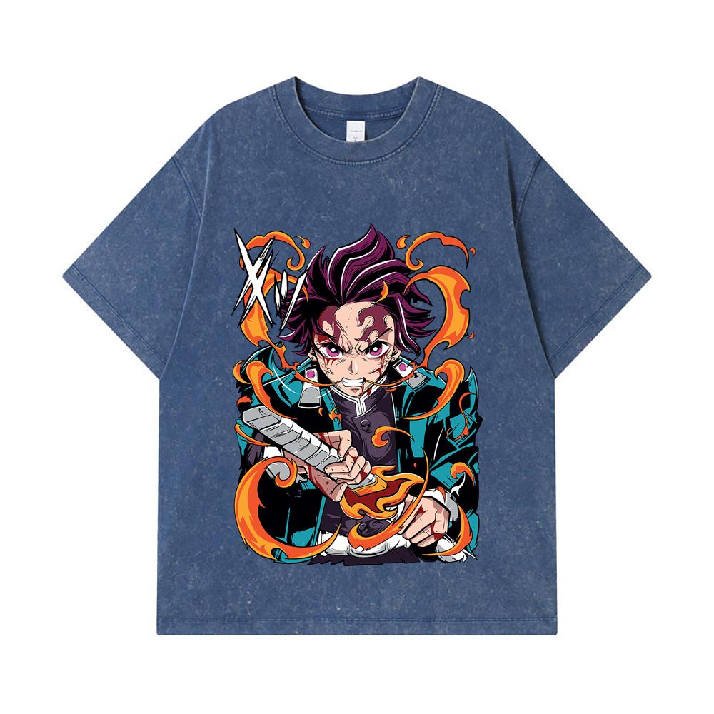 275 GSM Washed T-shirts 100% Cotton Demon Slayer V64 Tanjiro Fire Breathing Print Unisex Heavy Cotton T Shirt