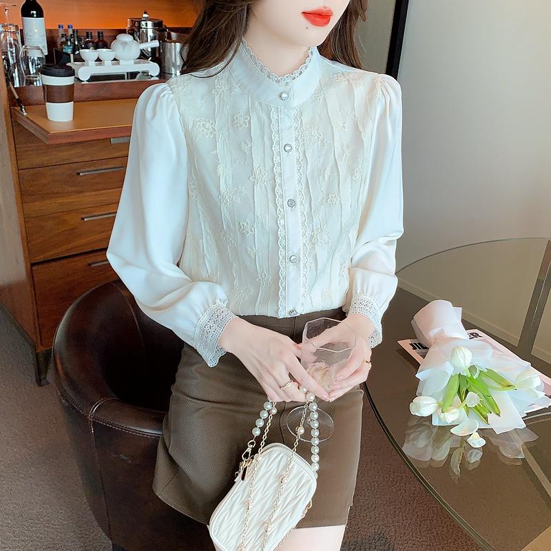 Fashion New 2024 Autumn Long Sleeve Stand Collar Casual Apricot Lace Chiffon Blouse Shirt Women Tops Blouses Shirts J503