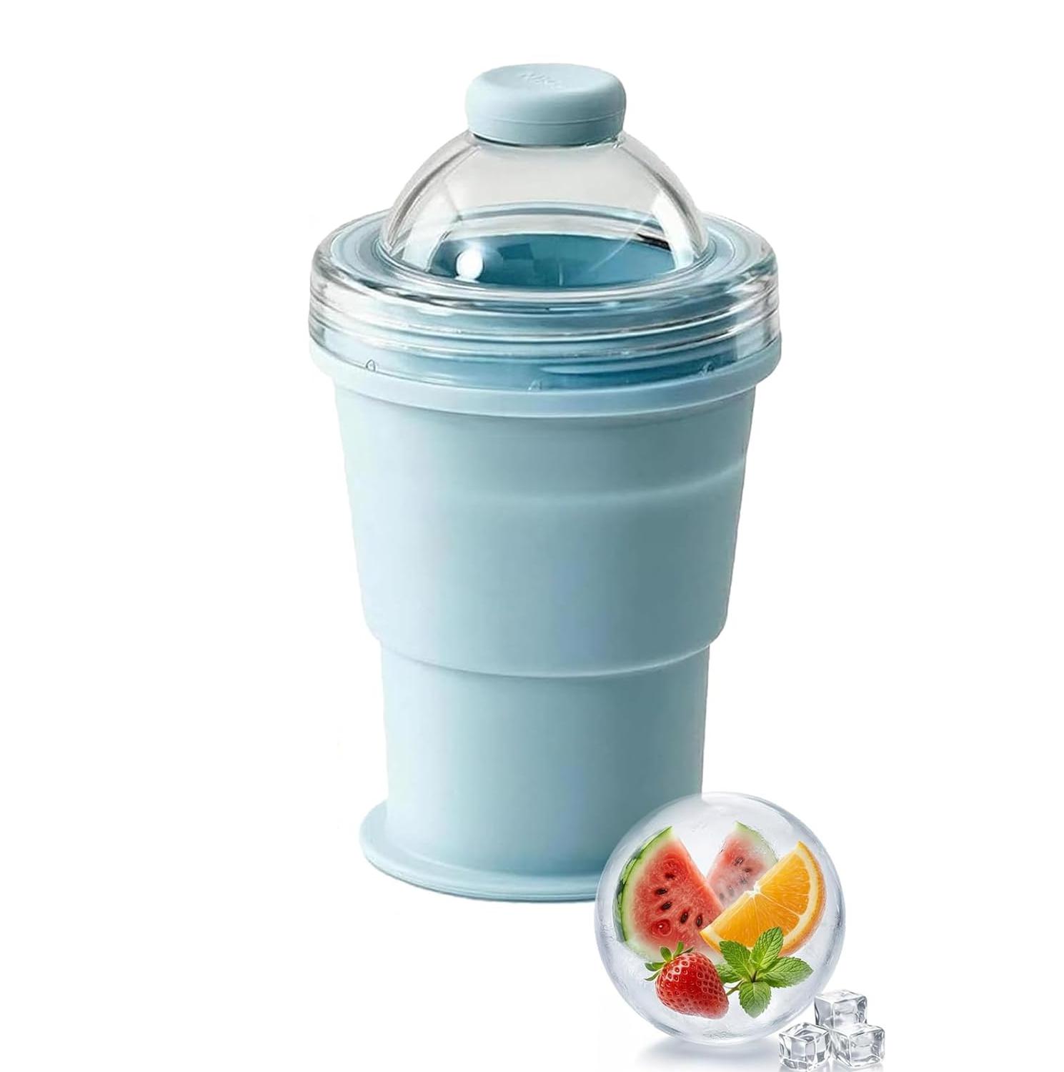 

2-in-1 Collapsible Silicone Ice Ball Cup Reusable Portable Ice Sphere Mold with Straw Lid for Coffee Juice Drinks синий