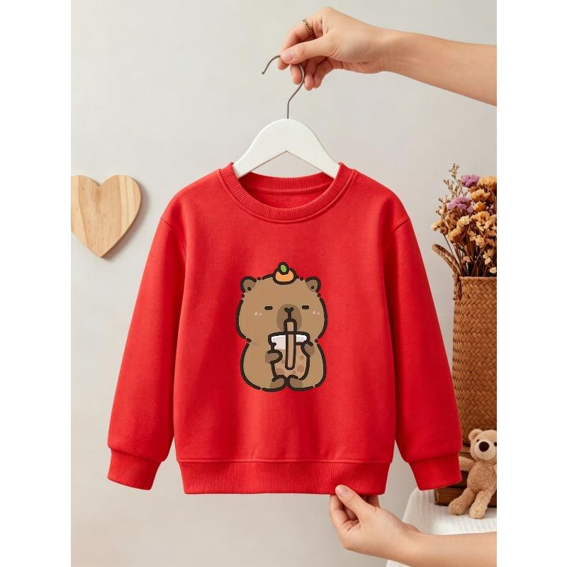 Kids Unisex Crewneck Sweatshirt, Cute Capybara Holding Bubble Tea With Orange On Head Cartoon Print Black Soft Fleece Pullover