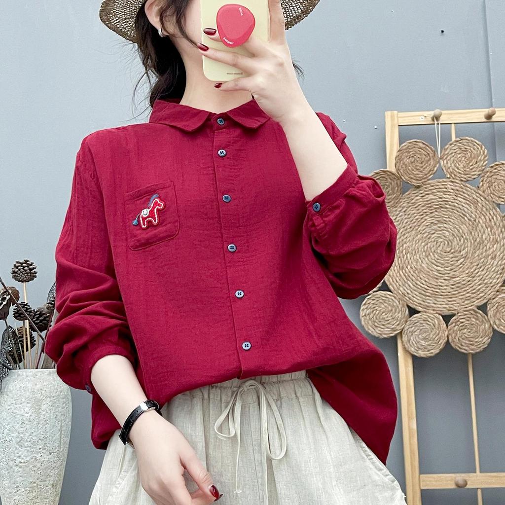 Women's Double-Layer Long-Sleeve Cotton Shirt - Fashionable, Artistic Style with Small Horse Embroidery, Year of the Horse Red.