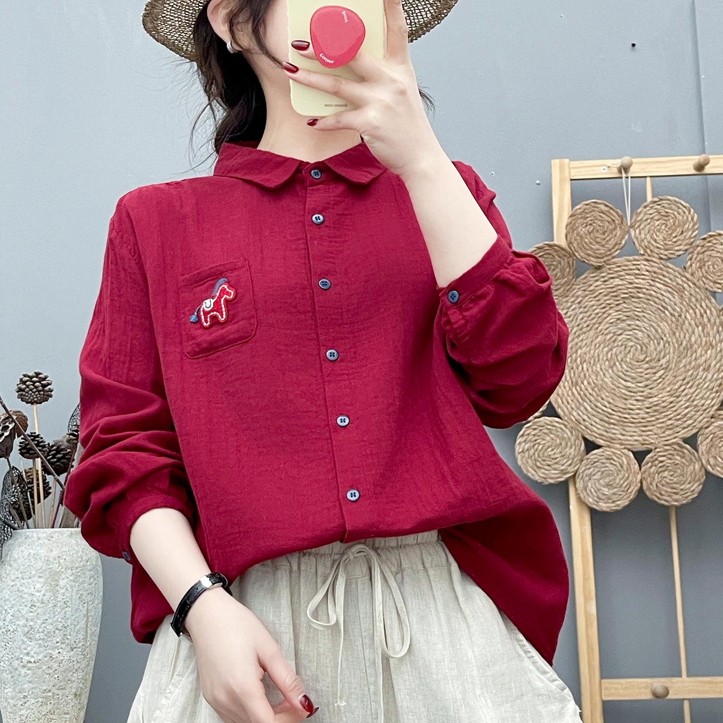 

Women s Double-Layer Cotton Shirt, Long-Sleeve, Fashionable with Small Horse Embroidery, Year of the Horse, Chic Artistic Style, Red Pure Cotton M (recommended for 100-130 jin)