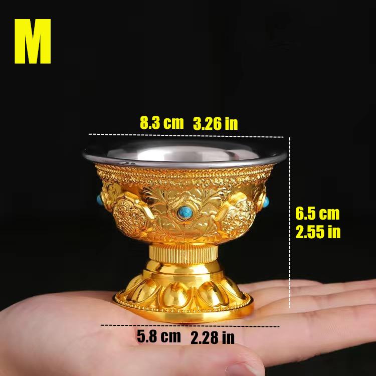 Auspicious Gilt Drinking Buddha Bowl, Inlaid Gem Zinc Alloy Holy Water Cup Buddhist Bowl Home's Gift Collection Decorative 150ml