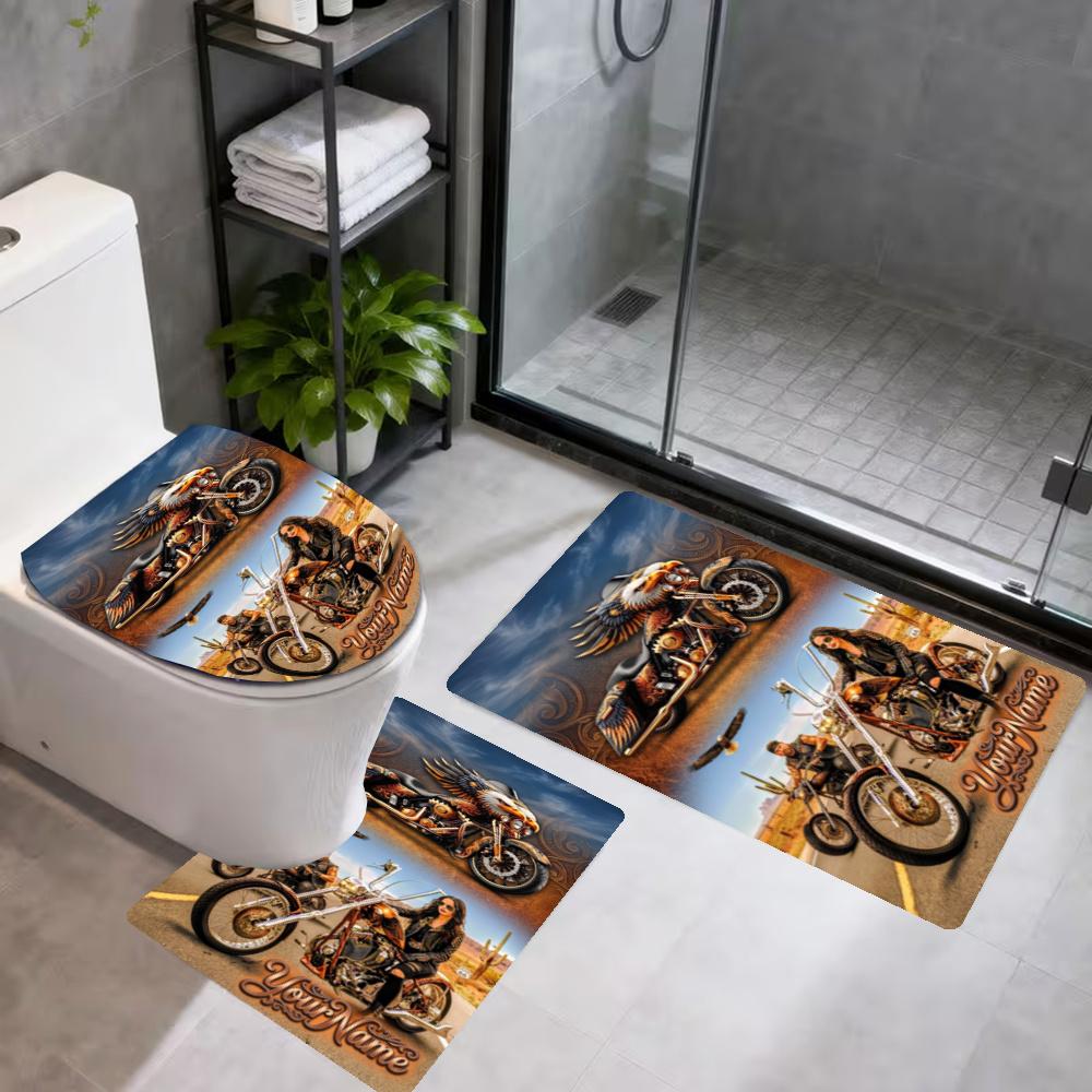 Harleydavidson Motorcycles Customize Your Name 3Pcs Bathroom Mat Set Toilet Lid Cover Ushaped Foot Mat Nonslip Floor Mat Decor For Bathroom