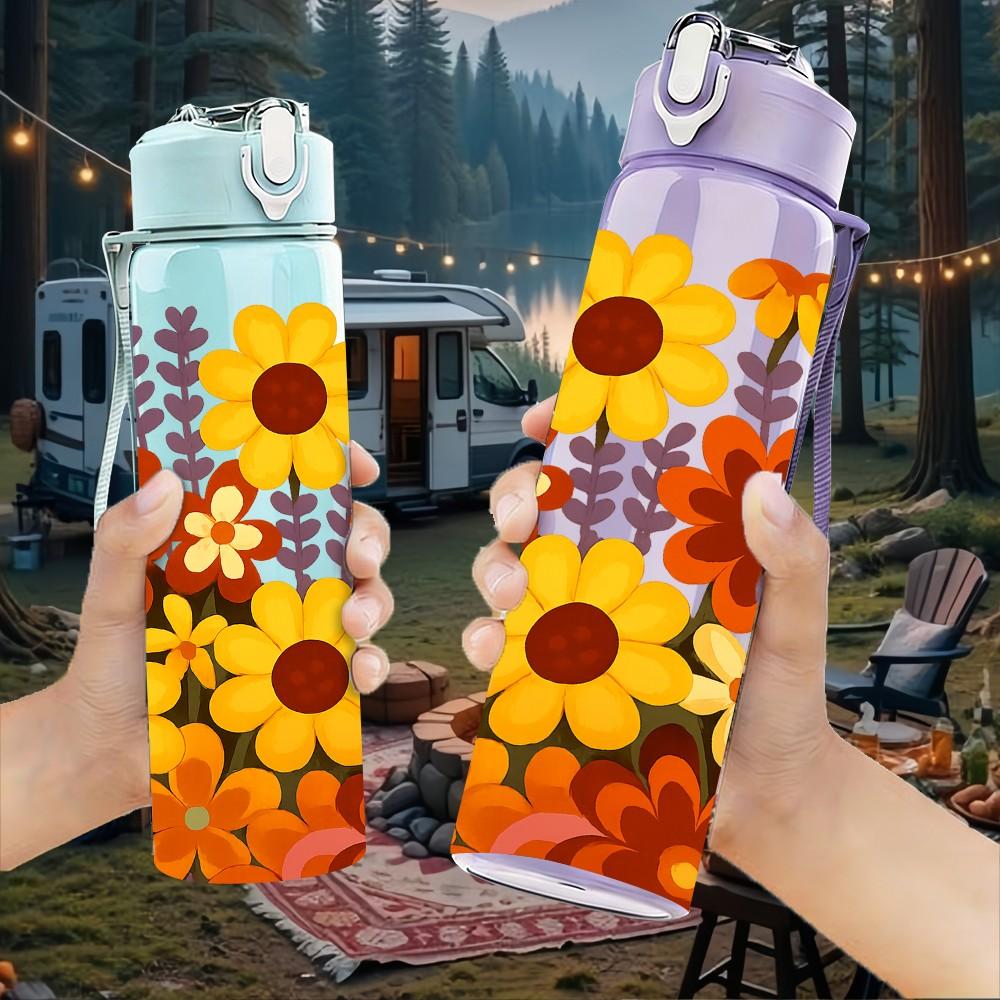 1PC Vibrant Mixed Sunflower Daisy Print 750ml Color Plastic Sports Water Bottle Leakproof Flip Straw Lid Suitable for Sports Office Home Use