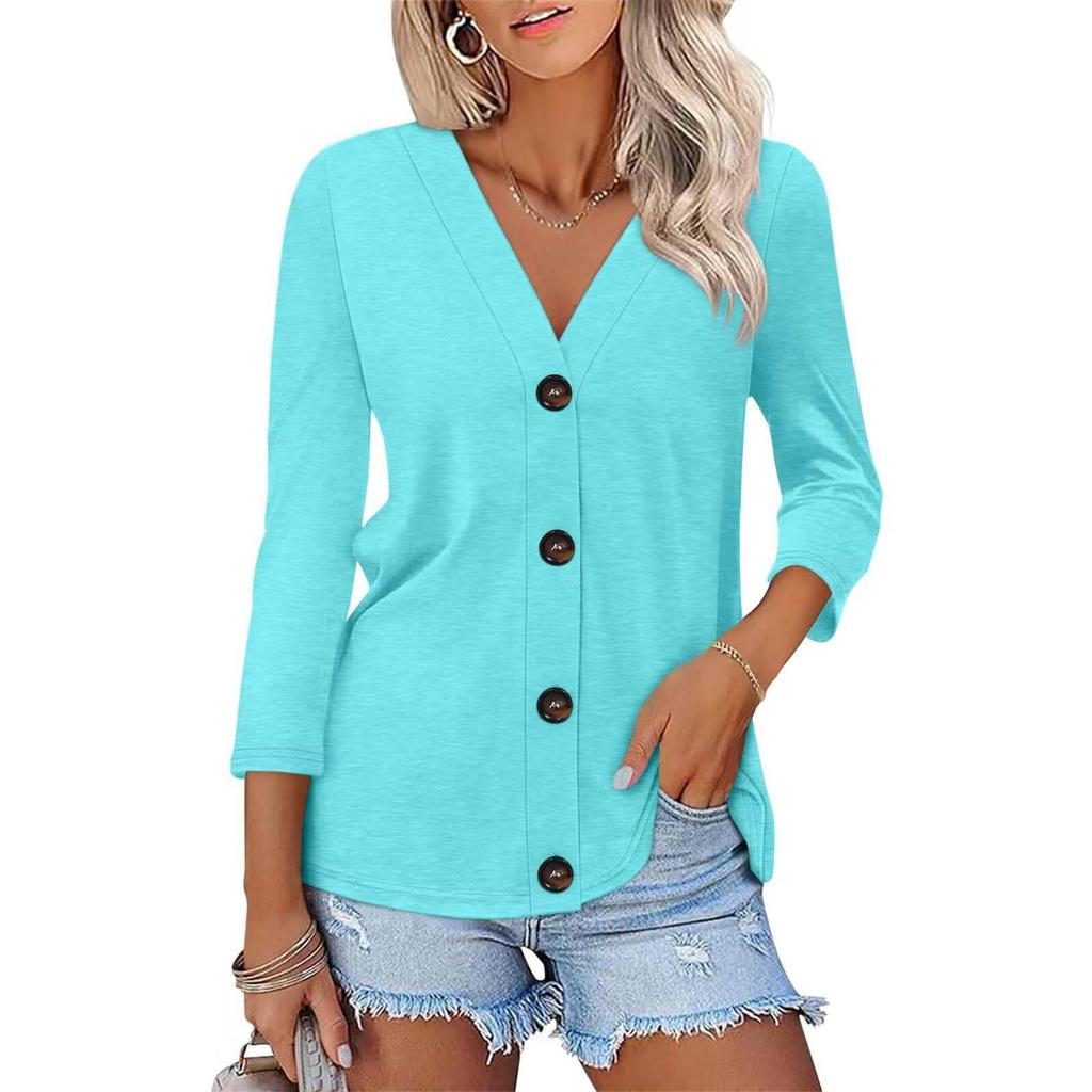 Women's Fashion Casual Solid Color Button-down Shirt 3/4 Long Sleeve Tops