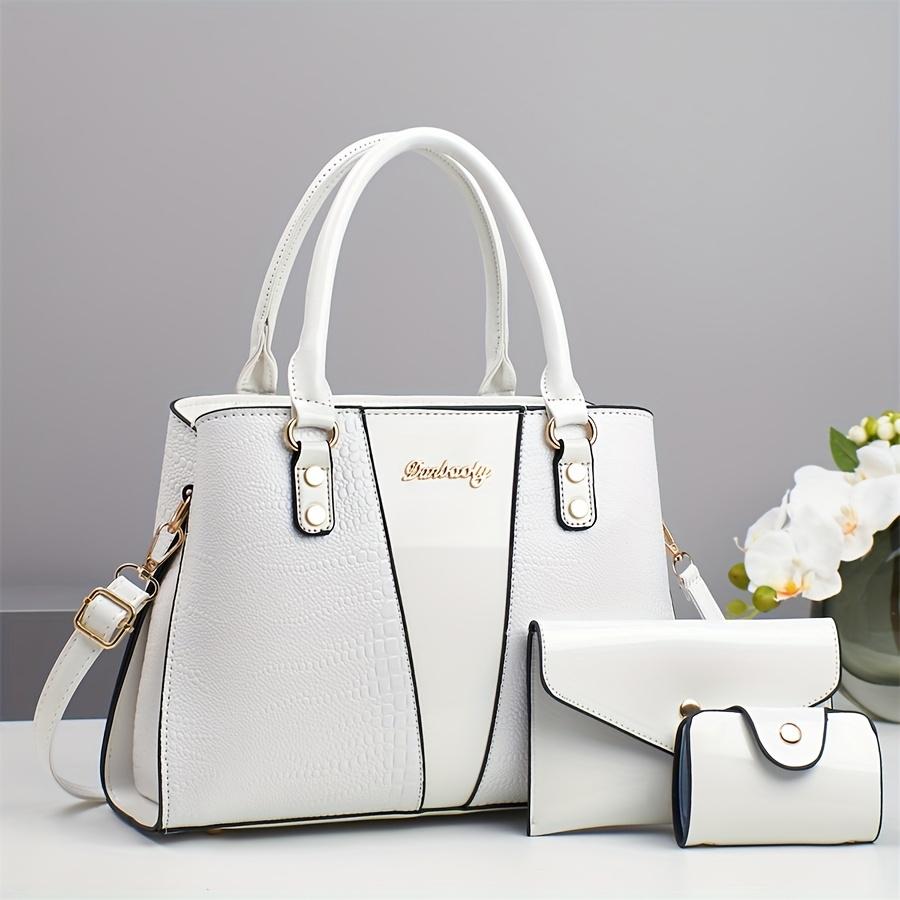 

3 шт. Элегантный набор ПУ сумок, Сумка кроссбоди большой вместимости с тиснением под крокодила, с кошельком для монет и держателем для карт, Тисненая сумка-тоут белый