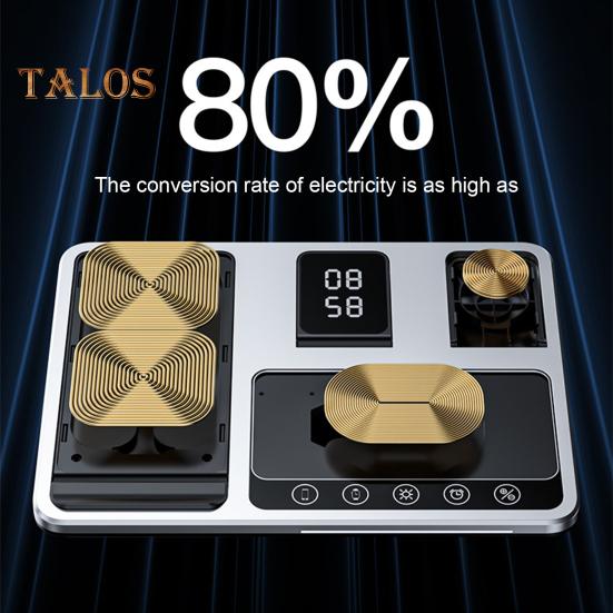 4 in 1 Wireless Charger Stand with Alarm Clock & Night Light Foldable Fast Charging Dock One-Key Lifting Smartwatch Charging Stand for IPhone