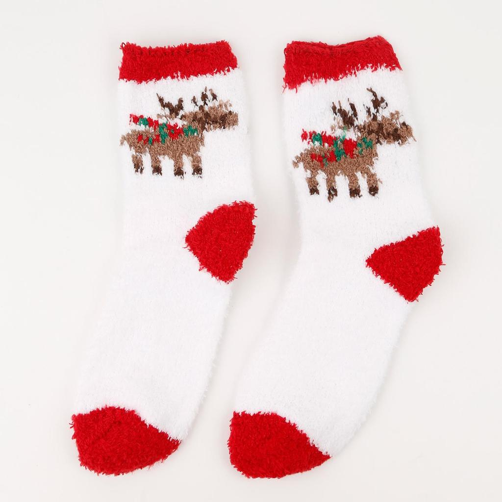 Women's Christmas Socks - Elk & Santa Design, Thick Coral Fleece, Floor Socks