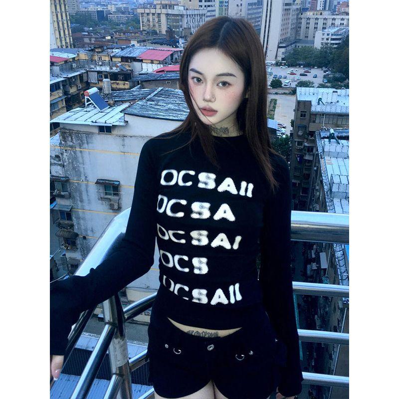 Vintage Print Graphic Tops Black Skinny Letter T Shirt Women Y2k American Retro 90s Crop Tops Streetwear Fashion Tees