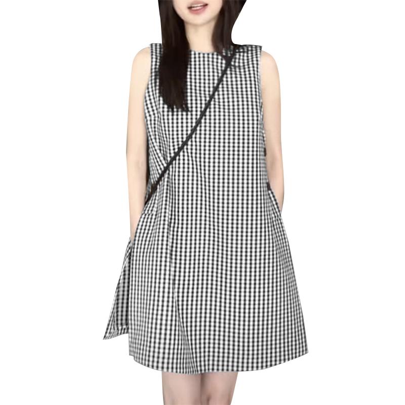 

ZANZEA Женское повседневное платье без рукавов с принтом в клетку и круглым вырезом S чёрный