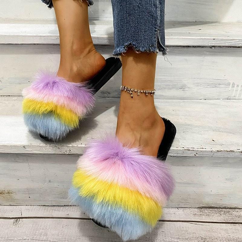 Stylish and comfortable light mouth spot niche design color matching flat heel flat bottom fluffy open-toed women's cotton slippers