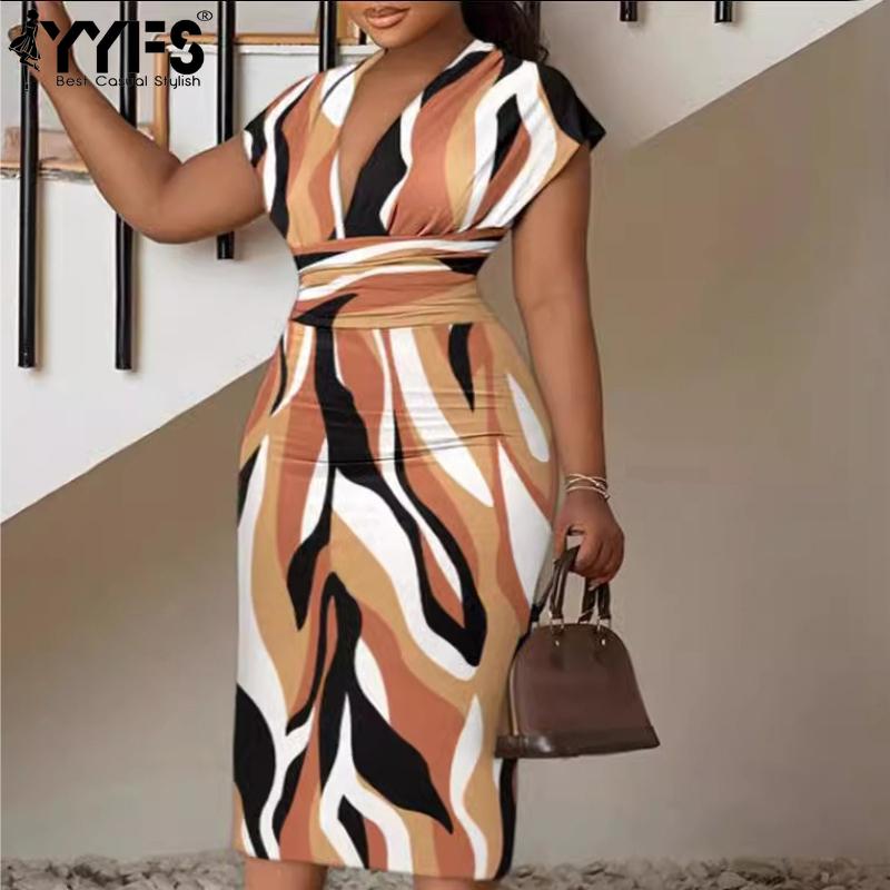 YYFS Women's Fashion Summer Spring Colour Block Print Short Sleeve V-Neck High Waist Casual Dresses