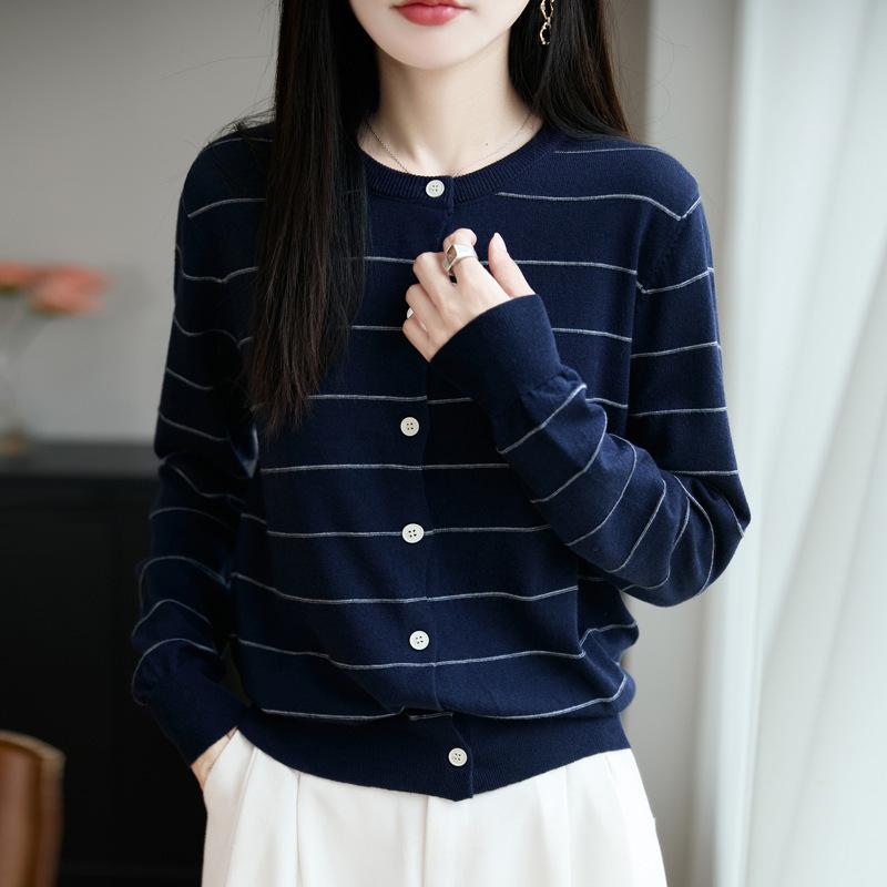 

Новый вязаный кардиган с круглым вырезом и длинными рукавами для женщин, свободный и универсальный полосатый топ в двух цветах для ранней осени XL темно-синий