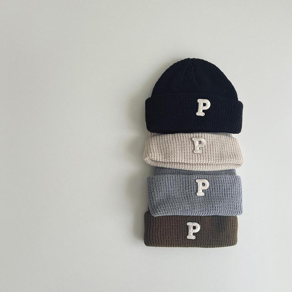 Korean Simple Letter P Logo Baby Knitted Wool Pullover Hat - Autumn & Winter Warm Melon Skin Baby Hat