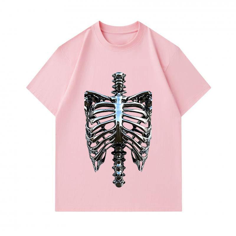 Men's 100% Cotton Crew Neck Short Sleeve T-Shirt, Metallic Skeleton Rib Cage Print Casual Comfortable Summer Tee for Daily Street Wear