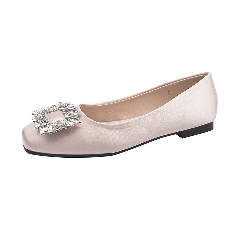

French flat-bottomed rhinestone shallow mouth single shoes women s 2025 spring and summer new commuter satin with skirt gentle evening shoes 39
