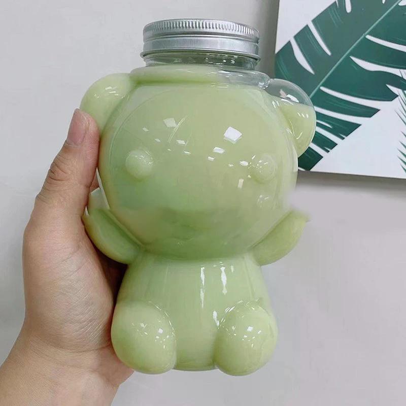 700ml Big Head Bear Clear Plastic Juice Bottles Reusable Sealed Cups for Smoothie Milk Homemade Drinks Beverage Container