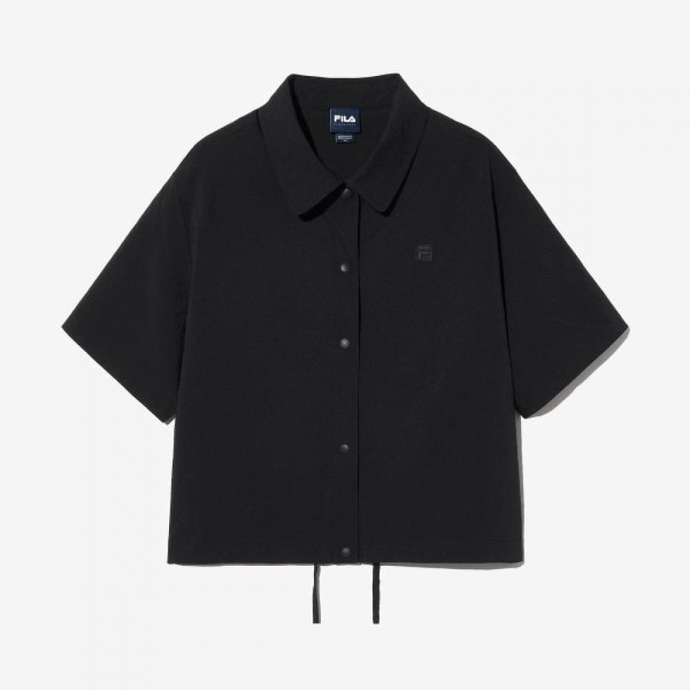 Fila Women S SeerSucker Short Sleeve Collared Shacket BLACK/W80