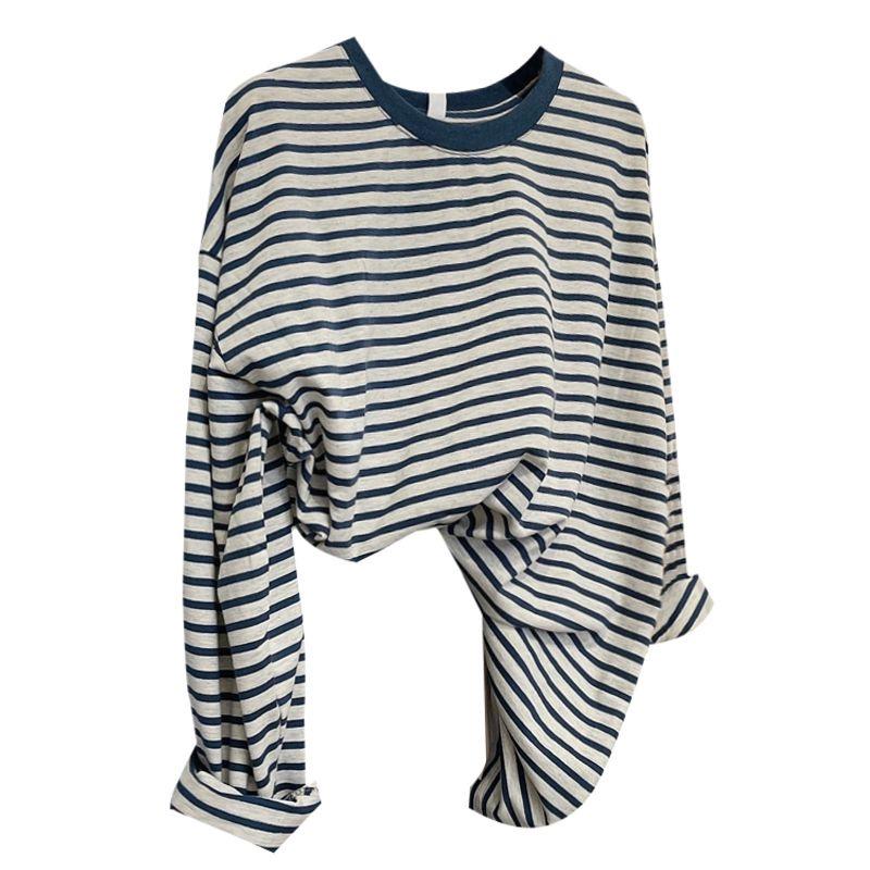 

Цветовой блок, тонкая полоска, ретро, свободная футболка с длинным рукавом и круглым вырезом - Коллекция весна/лето 2025 Medium