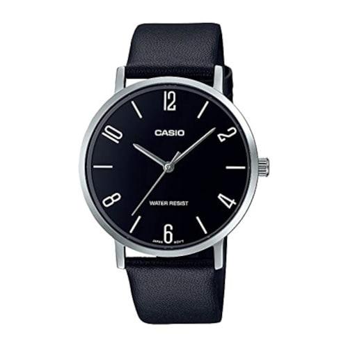 

Casio MTP-VT01L-1B2 Men s Minimalist Black Dial Analog Watch with Black Leather Band, White. Analog watch with quartz movement.