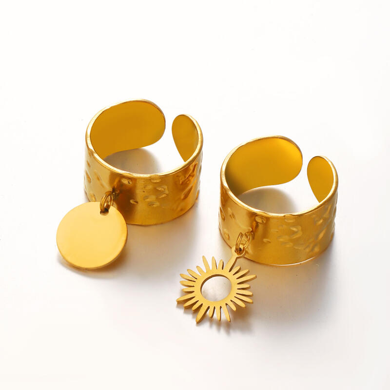 Stainless Steel Geometric Circular Wide Rings for Women Men Classic Sun Round Pendant Chunky Opening Rings Jewelry Accessories