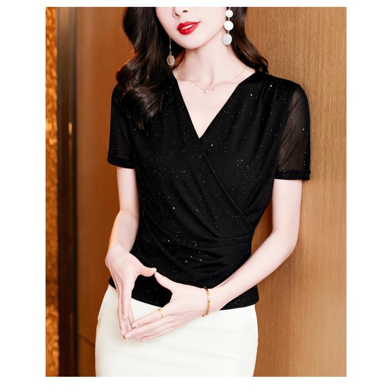 Summer New Style Cross V-neck Solid Color Mesh Bright Pink Slim Fit Short-sleeved Top for Women