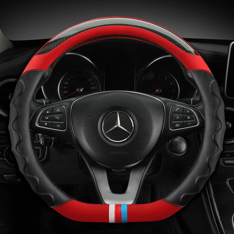 Skórzana osłona na kierownicę do samochodu z włókna węglowego do modeli Mercedes Ben AMG 38cm A C CLA E GLA GLC GLE S B CLS klasa