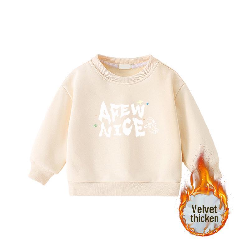 Children's Cartoon Print Velvet Lined Hoodie - Round Neck, Long Sleeve, Thickened Warm Base Layer
