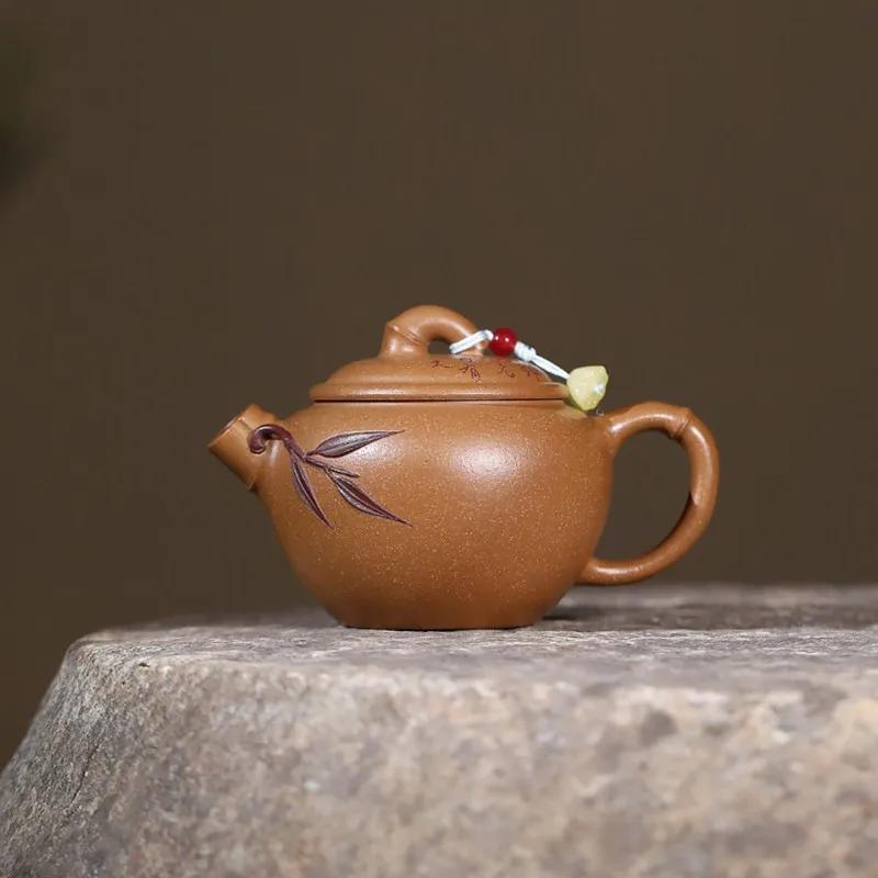 Yixing Handmade Purple Clay Teapot Tradition Beauty Kettle Hand-carved Bamboo Leaf Tea Pot Chinese Raw Ore Zisha Tea Set 130ml