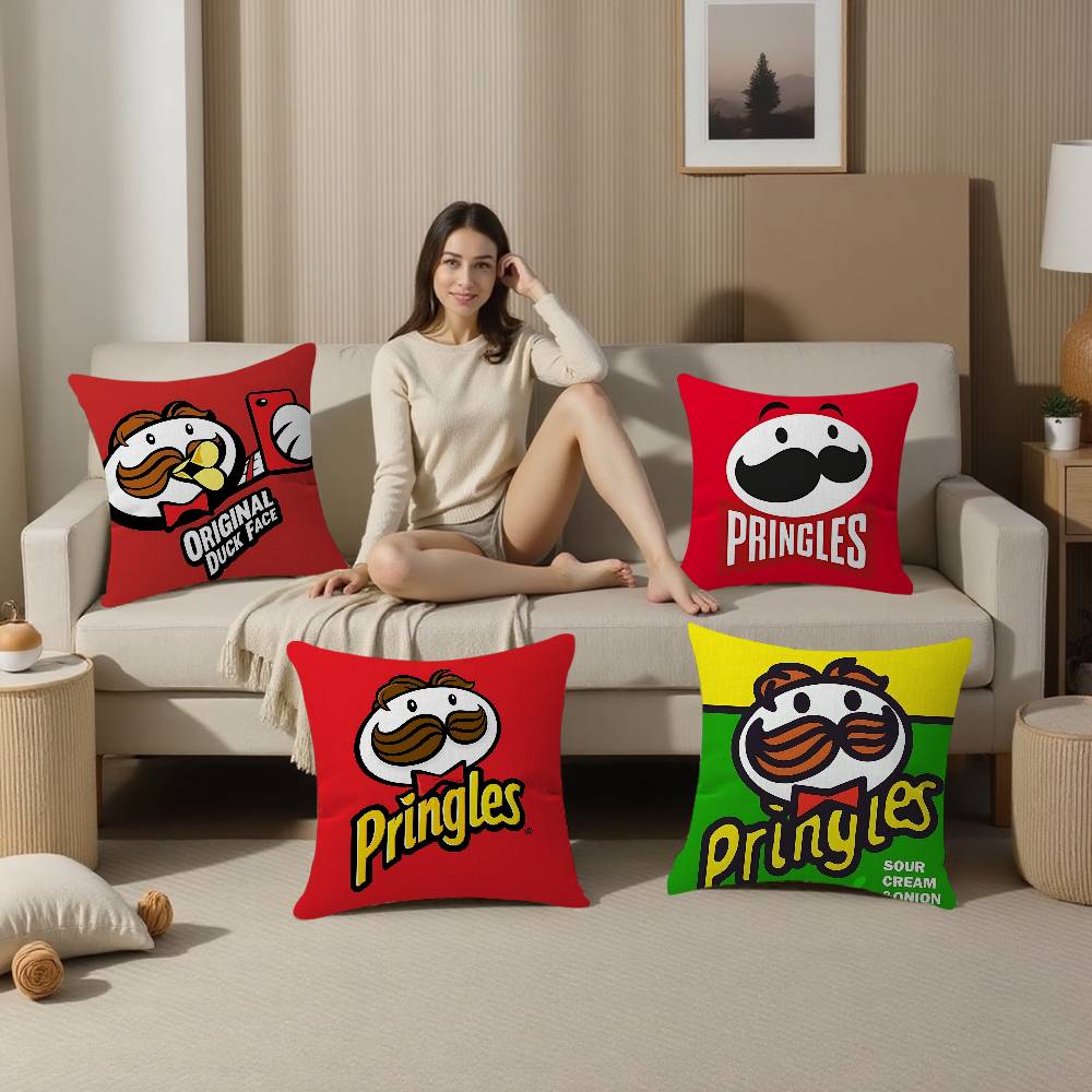 Classic Snack LOGO P-Pringles Pillow Covers Cartoon Sofa Decorative Home Double-sided Printing Short Plush Cute Cushion Cover