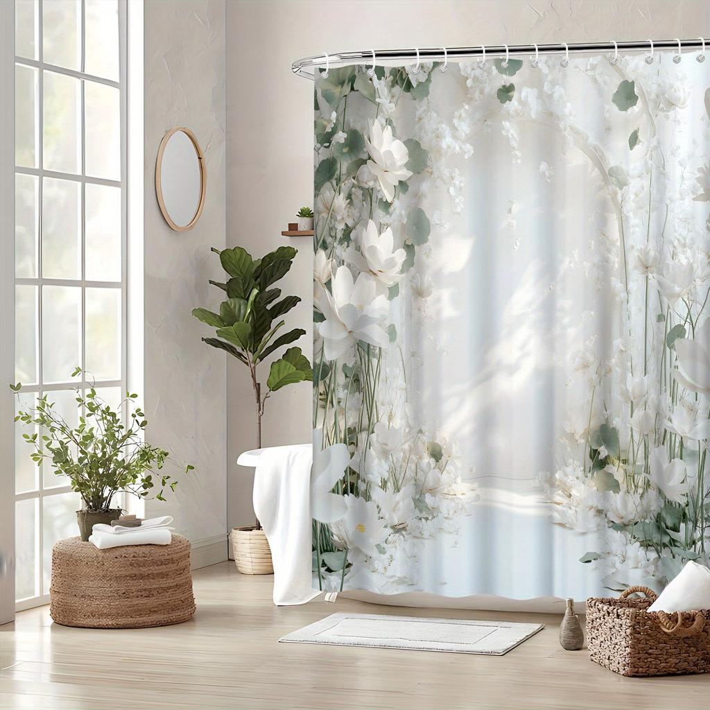 Serene Arch-Shaped Floral Shower Curtain - White Flowers & Green Leaves, Soft Gradient Design, Polyester,  Modern Bath Deco