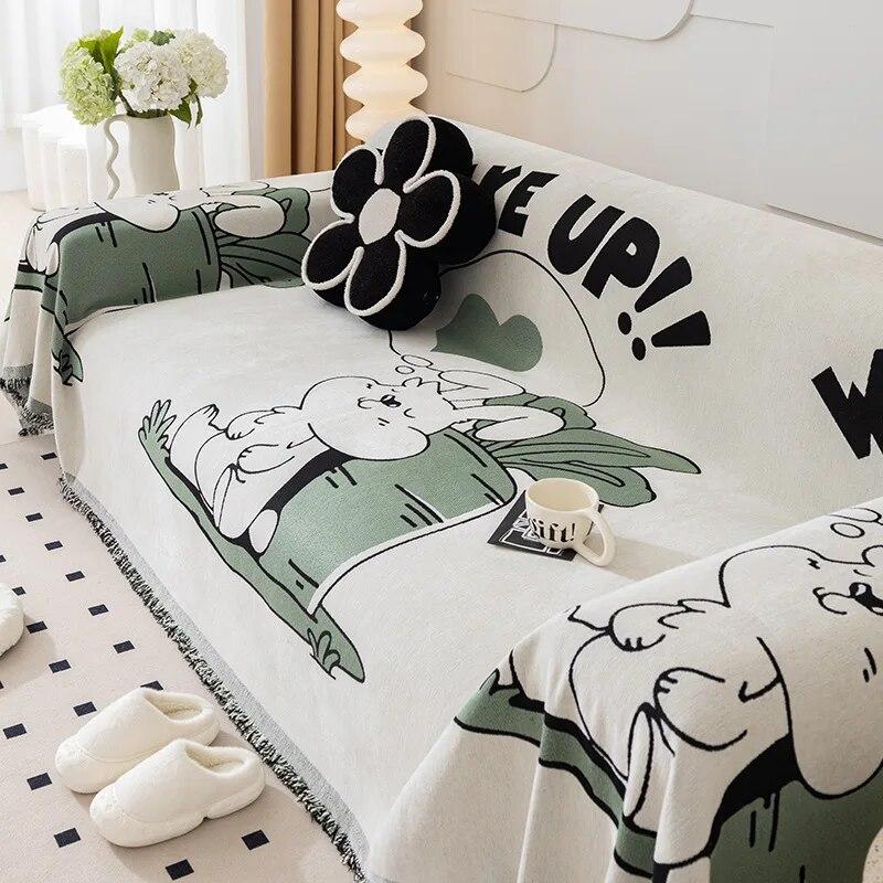Cartoon Printed Tassel Sofa Cover Single Full Four Season Throw Blanket Dust Anti-cat Scratch Protection Cover Sofa Blanket Mat