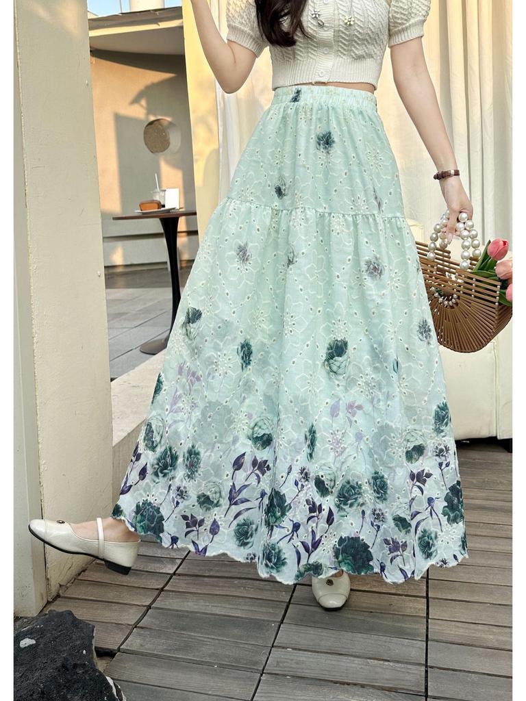 Women's French High Waist Embroidered Crochet Midi Skirt for Autumn/Winter