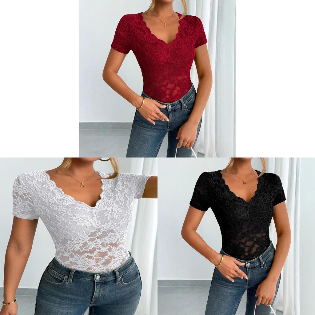 Elegant Lace Vneck Tshirt With Short Sleeves For Women Spring Summer Fashion