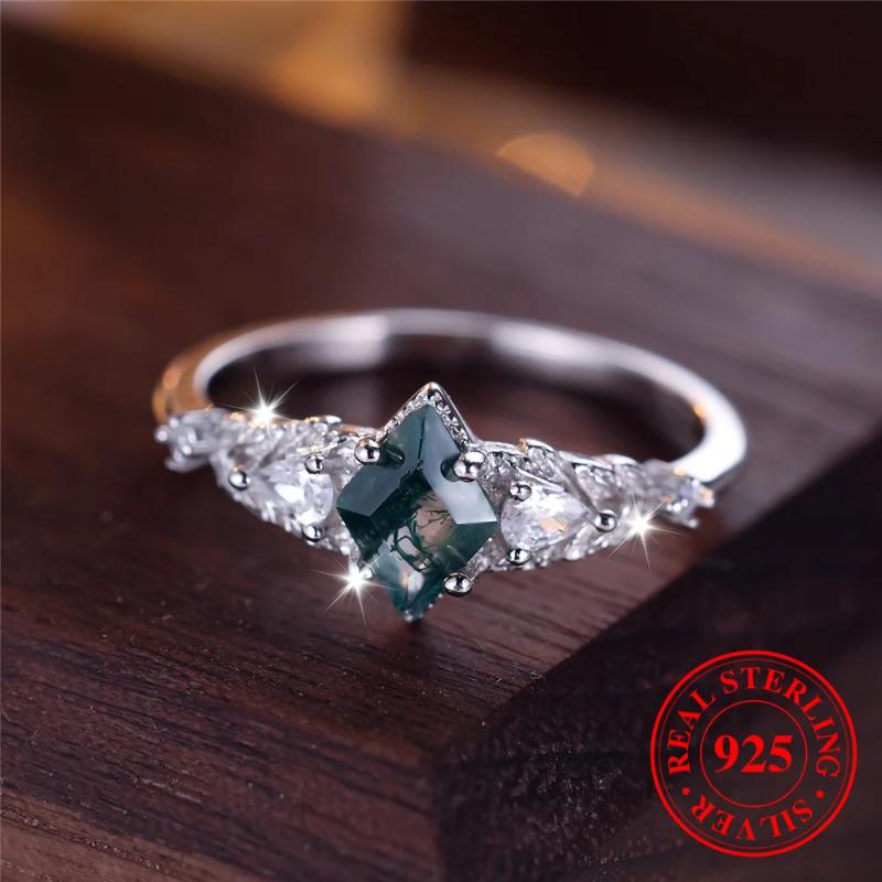 

Винтажное женское кольцо с зеленым агатом из мха, настоящее 925 пробы, свадебные украшения из серебра 10